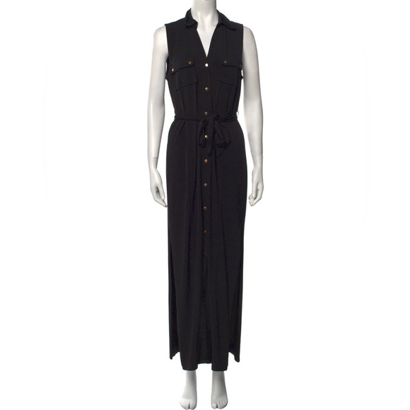 Carmen Marc Valvo Long Maxi‎ Navy Blue Dress Gold Buttons Size Medium EUC - Picture 1 of 8